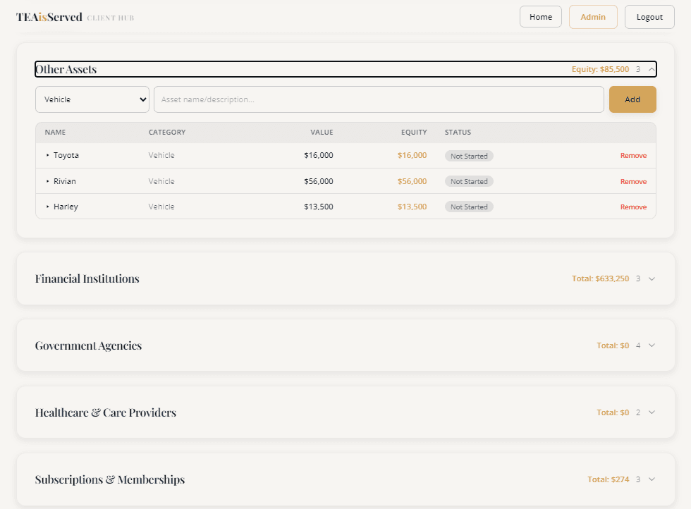 The TEAisServed Estate Command Hub dashboard showing an itemized asset inventory with vehicles, financial institutions, government agencies, healthcare providers, and subscription accounts, each with running equity totals
