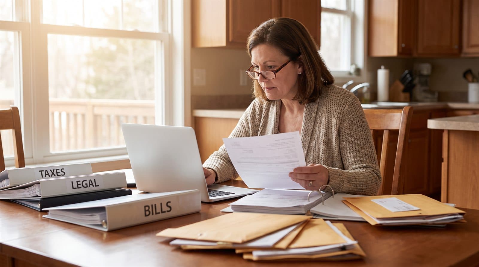An executor sits at a kitchen table reviewing estate paperwork on a laptop, surrounded by binders labeled Taxes, Legal, and Bills and stacks of unopened envelopes