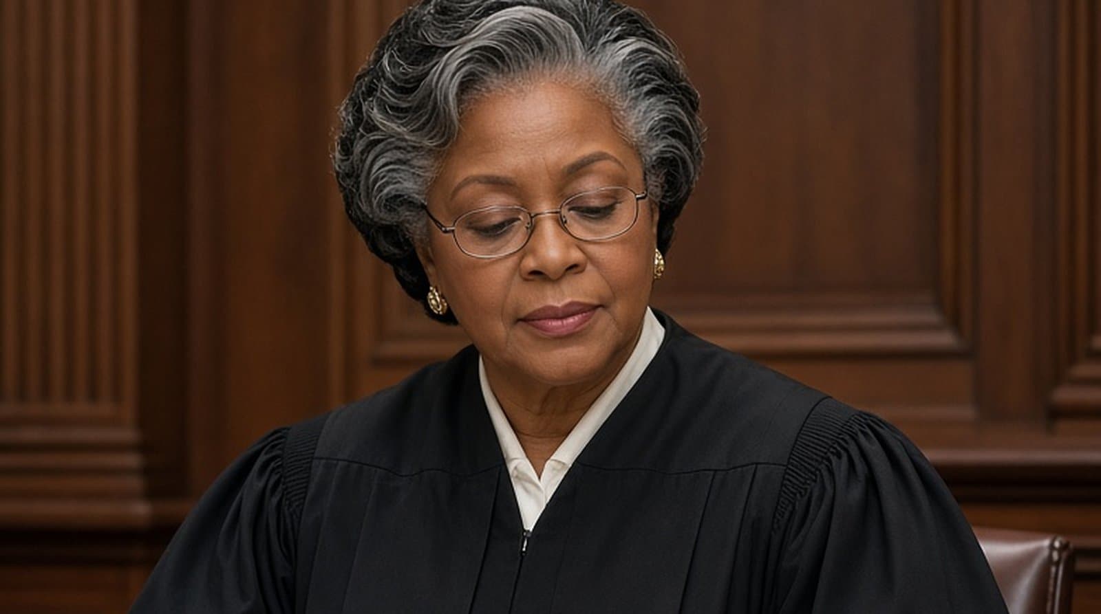 A judge in a probate courtroom reviewing an estate document